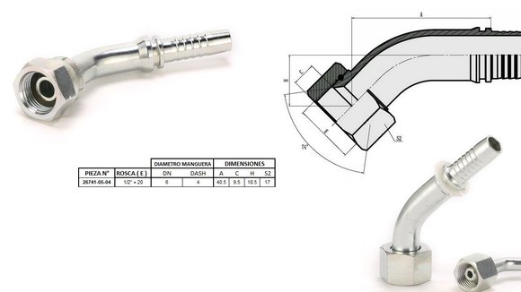 Imagen de HEMBRA CURVA 45° JIC 1/2'' UNF X 20F 04 MANG.1/4''